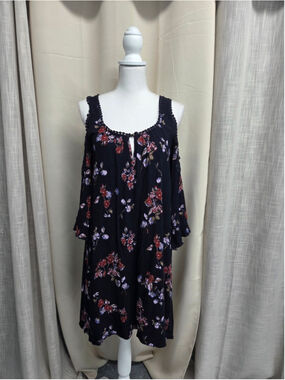 Shyanne Black Floral Cold-Shoulder Casual Summertime Midi Dress Size L